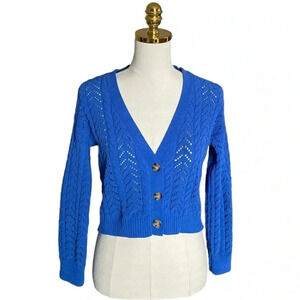 JESSICA SIMPSON Blue V-Neck Cropped Knit Cardigan with Cables and Eyelets Sz XS